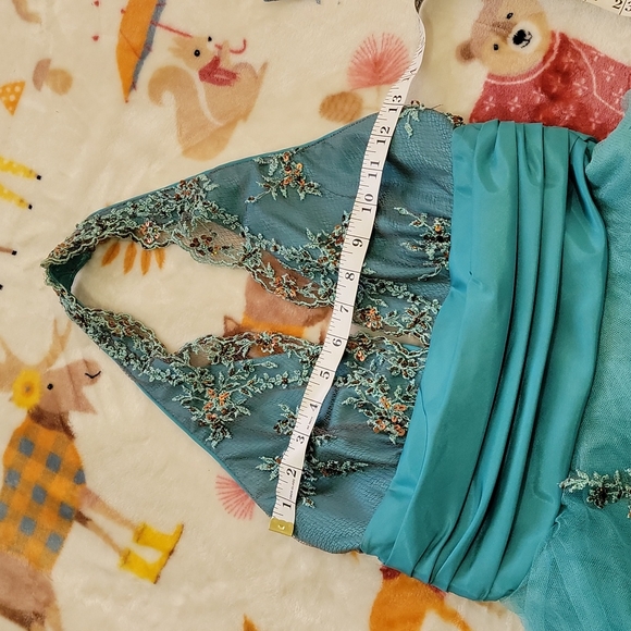 🤎 PROM TULLE LACE V BRONZE HALTER FORMAL GREEN BLUE MERMAID GRUNGE ROCK GOWN - Picture 5 of 8